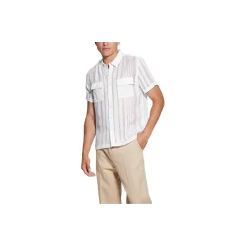 GUESS FW23 City Mesh Striped Short-Sleeve Shirt Shirt Men's White