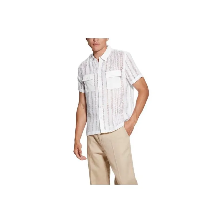 GUESS FW23 City Mesh Striped Short-Sleeve Shirt Shirt Men's White-0