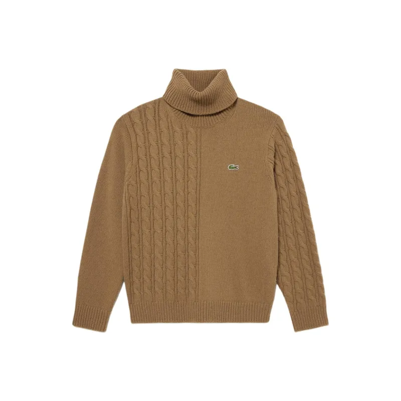 LACOSTE Asymmetric Turtleneck Knitted Sweater Men's Brown-0
