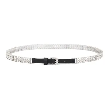 DIOR Logo Emblem Pin Buckle Cow Leather Brass Faux Crystal Resin Beads Leather Belts Women's Silver Width 1CM