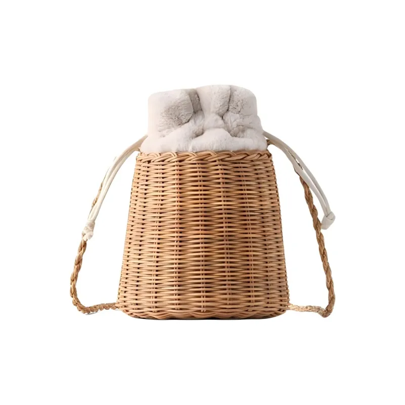 ZARA Rattan Bucket Bag, Shoulder Bag, Crossbody Bag, Handbag Women's Light Beige Yellow-0