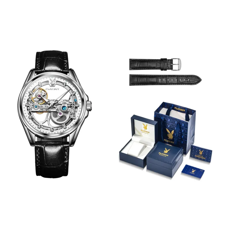 Playboy Mechanical Movement PU Strap Watch Men's Watches Cut Out Dial-4