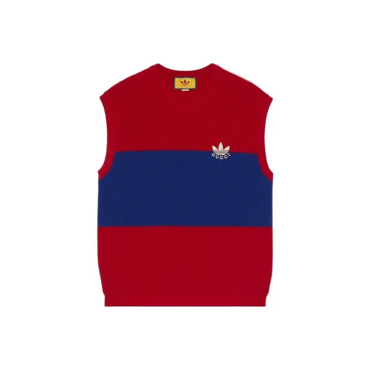 GUCCI X Adidas Originals FW22 Embroidered Colorblock Crew Neck Sleeveless Sweater Red-0
