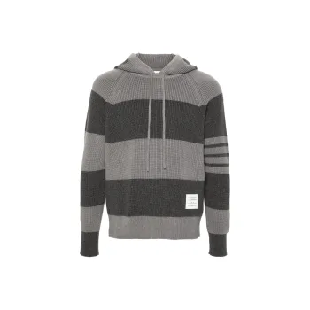 THOM BROWNE 4 Bar Striped Knitted Drawstring Hoodie