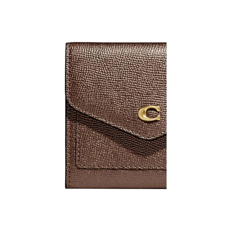 COACH Wyn Metal Textured Full Grain Leather Card Holder Wallet Women's Metal Brown-2