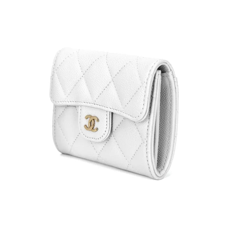 CHANEL Classic Flap CF Embossed Calfskin & Metal Flap Bag Coin Purse Wallet Women's White-1