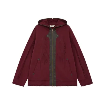 WULISHAONIAN Heavyweight Color Blocking Patchwork Embroidery Pullover Sweatshirt Unisex Dark Red