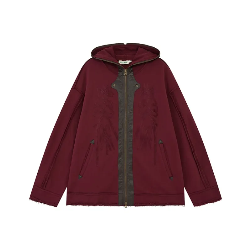 WULISHAONIAN Heavyweight Color Blocking Patchwork Embroidery Pullover Sweatshirt Unisex Dark Red-0