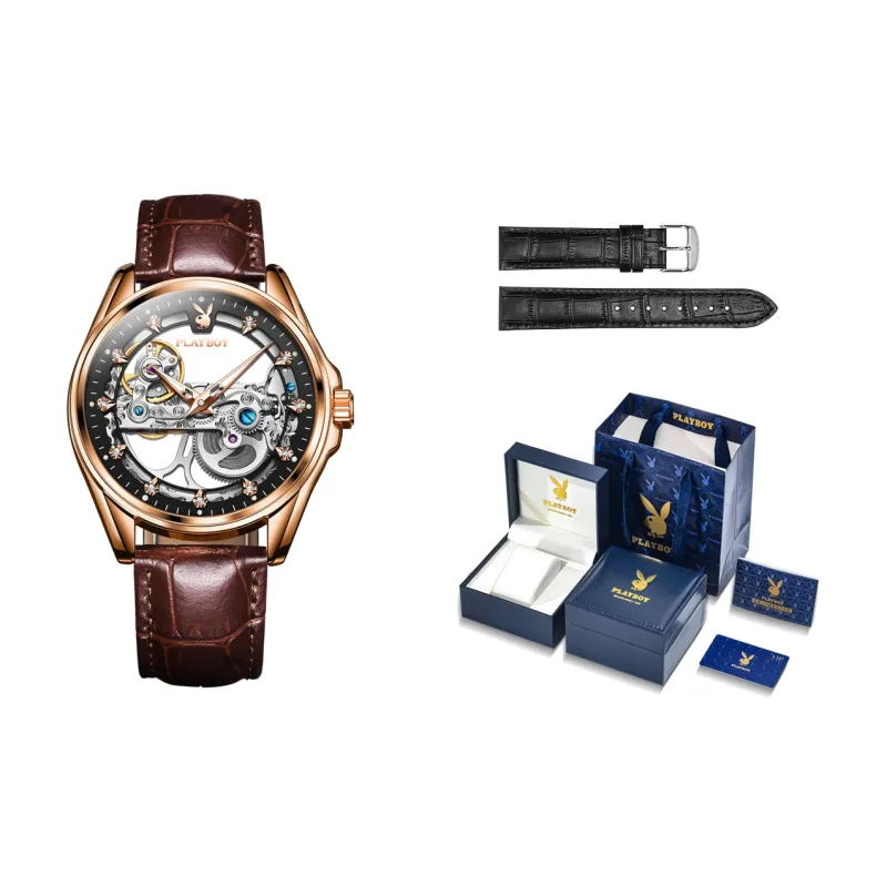 Playboy Mechanical Movement PU Strap Watch Men's Watches Cut Out Dial-8