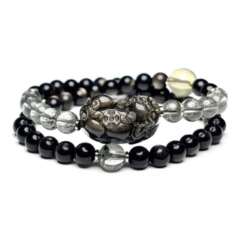 MOUNTAINS AND MANS Natural Obsidian New Chinese Style Stackable Good Luck Beaded Bracelet Unisex