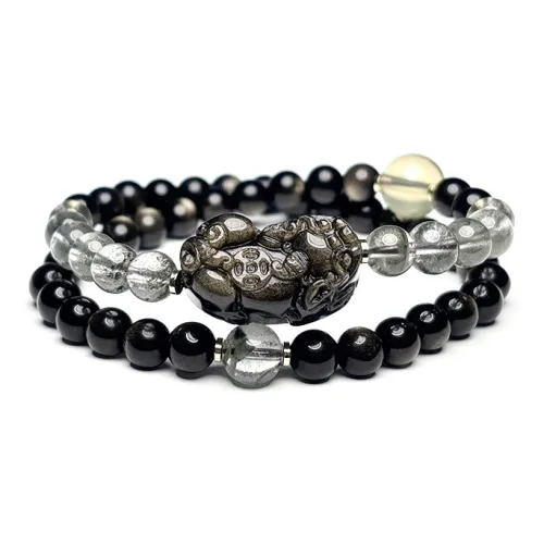 MOUNTAINS AND MANS Natural Obsidian New Chinese Style Stackable Good Luck Beaded Bracelet Unisex