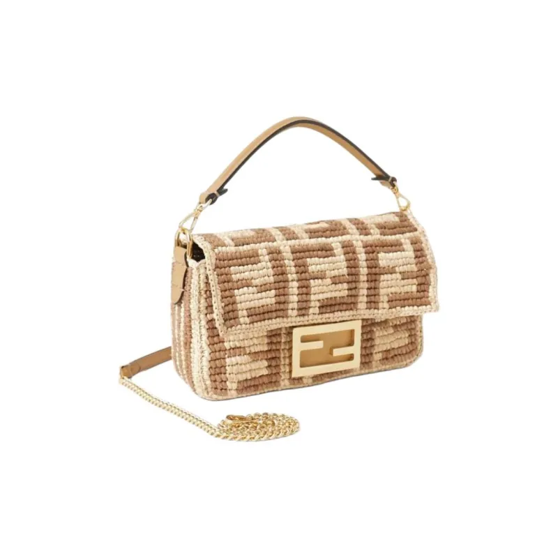 FENDI Baguette Woven Raffia With Calfskin Baguette Bag, One Shoulder Handbag Small Size Women's Ecru-1