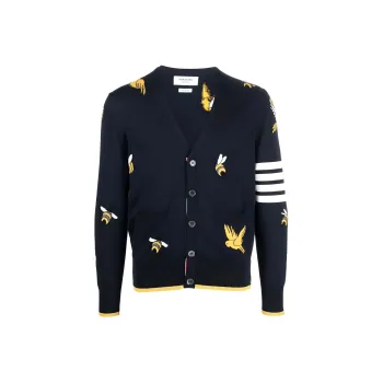 THOM BROWNE 4 Bar Striped Intarsia Patterned Buttoned Cardigan