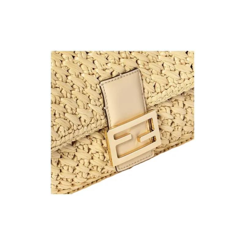 FENDI Baguette Viscose With Calfskin Baguette Bag, Shoulder Bag, Crossbody Bag, Handbag Medium Size Women's Ecru-4