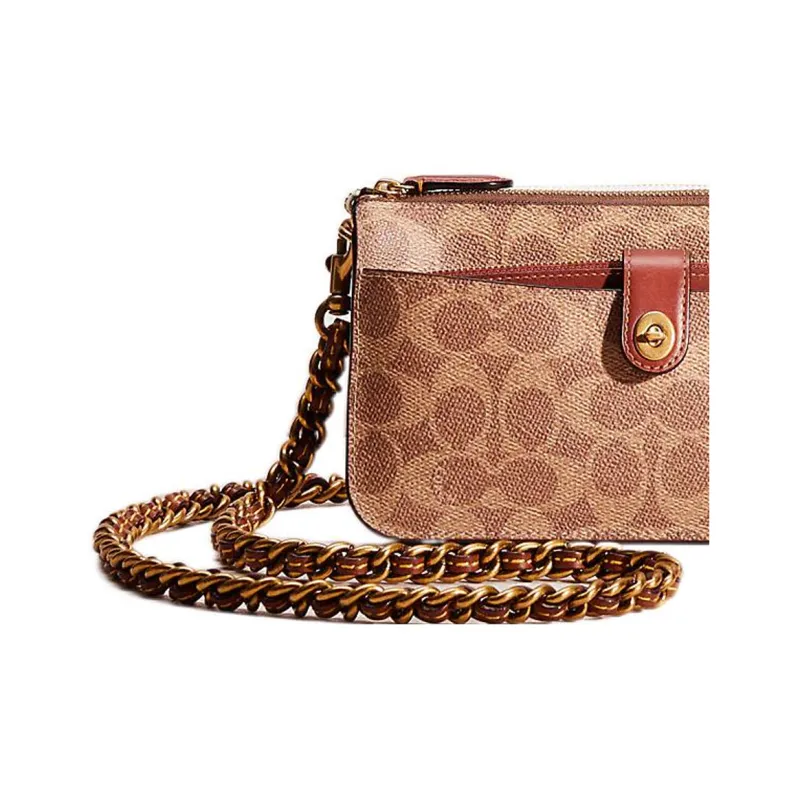 COACH Noa Pop Up Pebbled Leather With Canvas Chain Shoulder Bag, Crossbody Bag Small Size Women's Brown-3