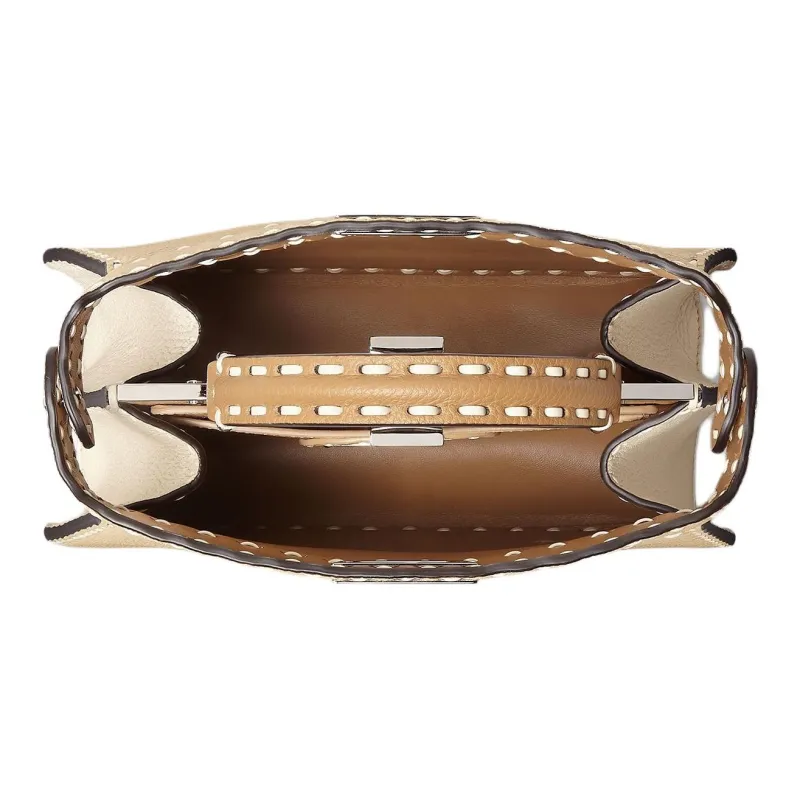 FENDI Peekaboo ISeeUSelleria Calfskin Shoulder Bag, Handbag Small Size Women's Beige-3