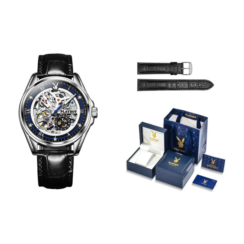 Playboy, Explorer Collection Mechanical Movement Leather Strap Watch Men's Watches White Dial-0