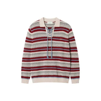 WULISHAONIAN American Vintage Stripes Polo Lace Up Sweater Unisex