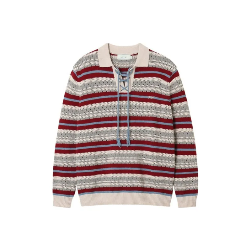 WULISHAONIAN American Vintage Stripes Polo Lace Up Sweater Unisex-0