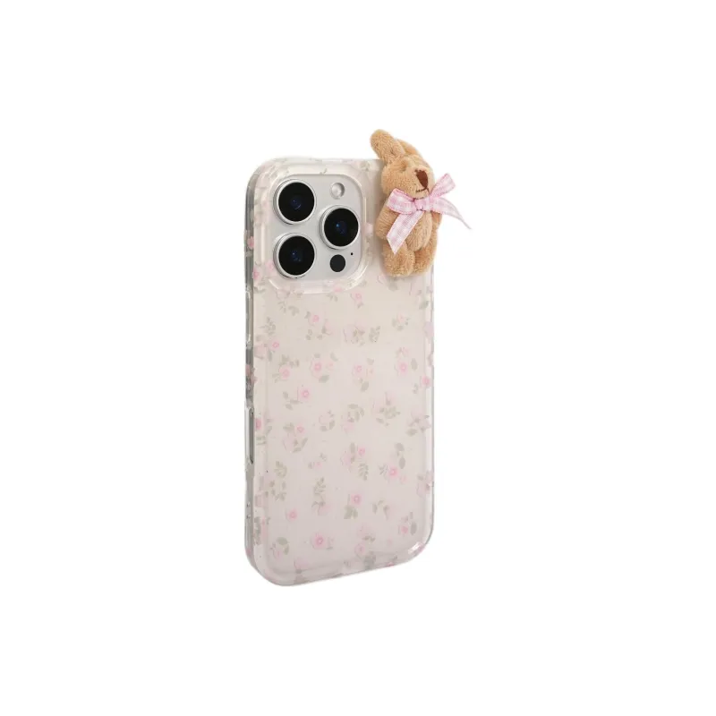 Sopi Acrylic Material Pink Floral 3D Effect Rabbit Phone Cases Compatible With IPhone 16/15 Pro Max/Apple 13/14 Pro/Max-1