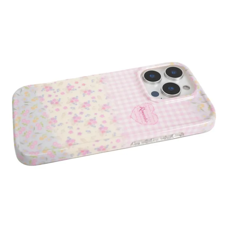 Sopi Acrylic Material Pink Plaid Floral Patchwork Phone Cases Compatible With IPhone 16/15 Pro Max/Apple 13/14 Pro/Max-5