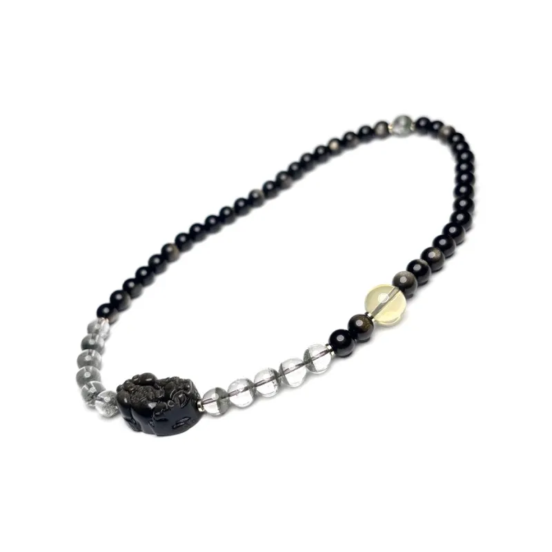 MOUNTAINS AND MANS Natural Obsidian New Chinese Style Stackable Good Luck Beaded Bracelet Unisex-4