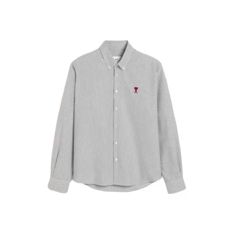 Ami Paris Ami De Coeur Logo Embroidered Pinstriped Shirt-0
