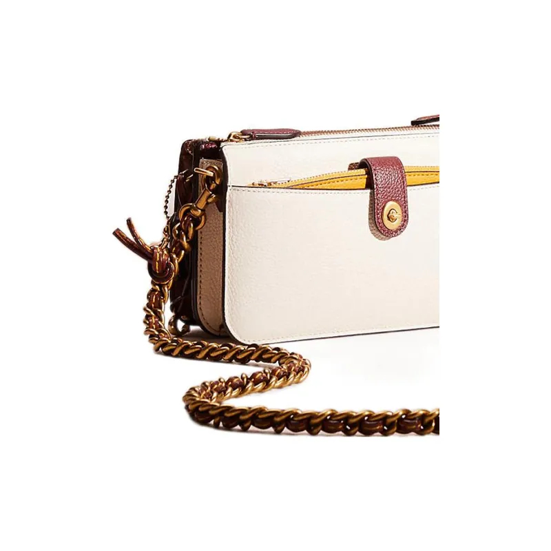 COACH Noa Pop Up Pebbled Leather With Canvas Chain Shoulder Bag, Crossbody Bag Small Size Women's Brown-4