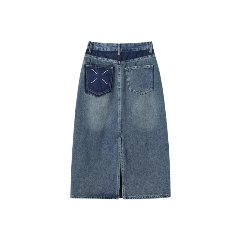FAWENXIANGZI Denim Long Skirt Women's Vintage Blue-1