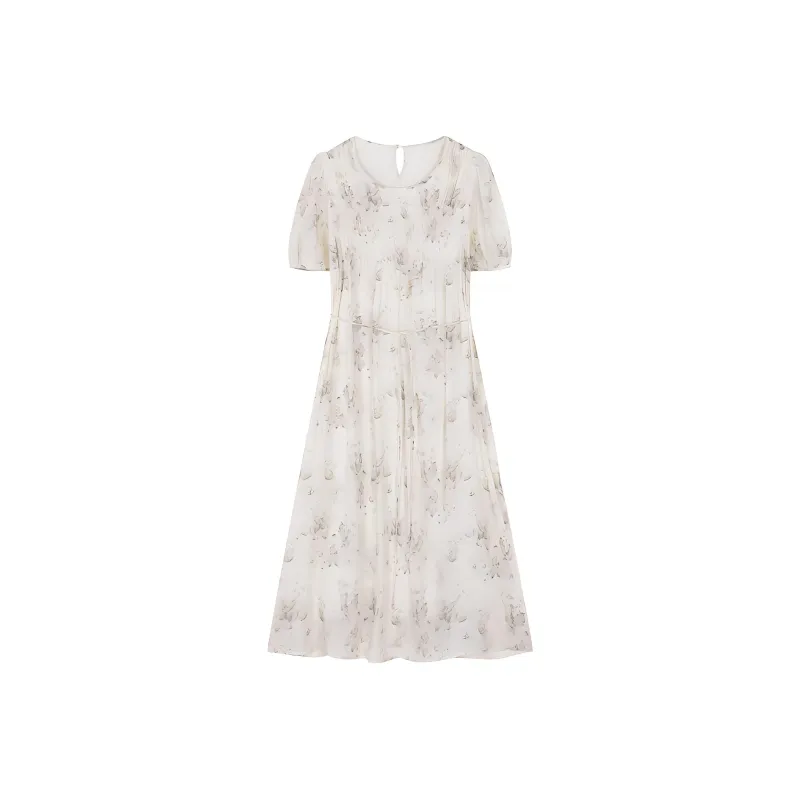 IHIMI SS24 Short Sleeved Dress Women's Beige With Ink Print-2
