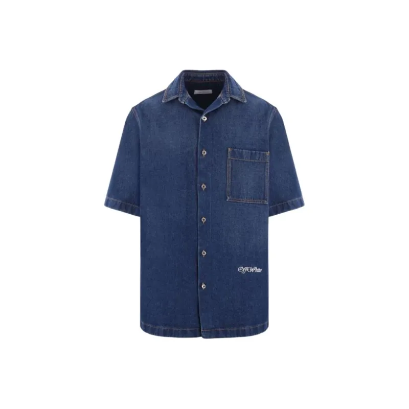OFF WHITE Logo Embroidered Short Sleeved Denim Shirt-0