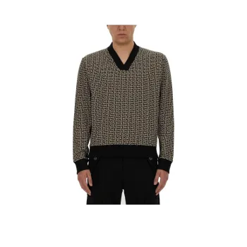 BALMAIN V Neck Monogram Jersey Sweatshirt