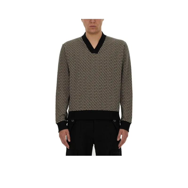 BALMAIN V Neck Monogram Jersey Sweatshirt-0