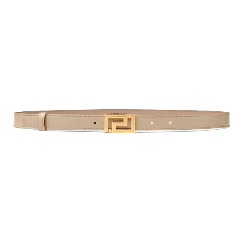 VERSACE Front Gold Logo Smooth Buckle Leather Belts Women's Camel Width: 2cm-0