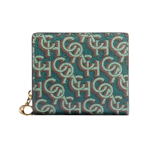 COACH Snap Wallet Coated Canvas With Leather Wallet Women's Green