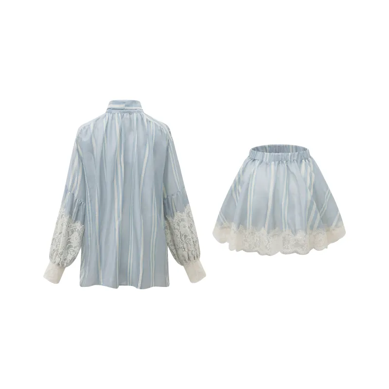 TASTILY Skirt Set Women's Blue Stripes Pattern-1