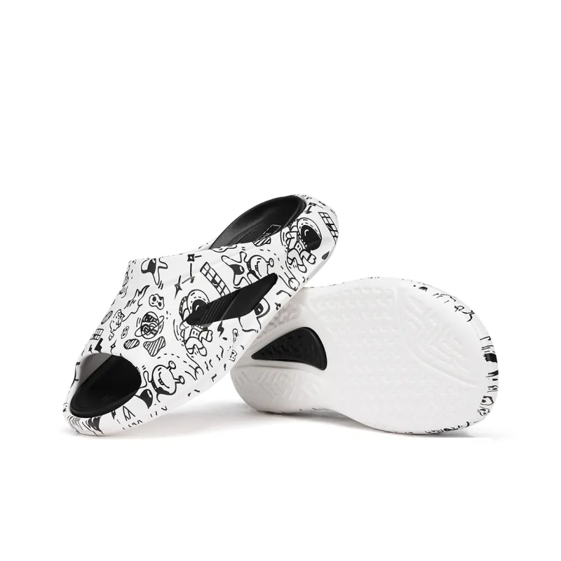 Hotwind Graffiti Slip Resistant Slide Slippers Men's White Black-3