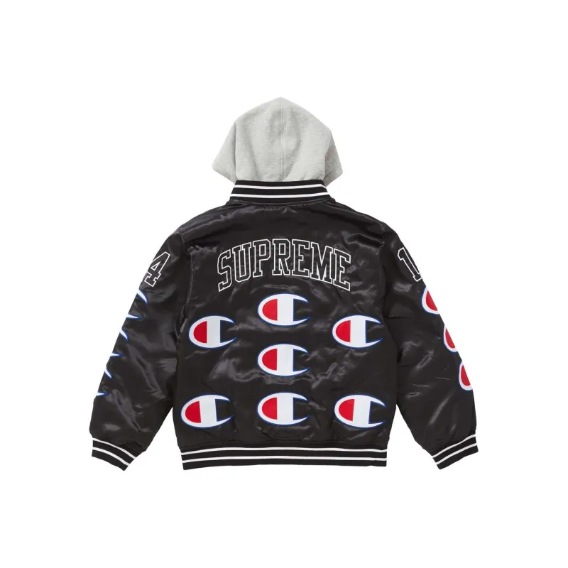 Supreme X Champion Hooded Satin Varsity Jacket-0