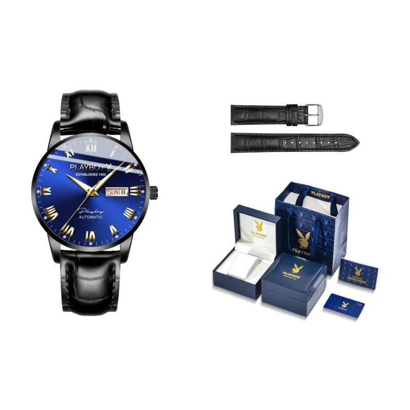 Playboy, Extra Thin Collection Mechanical Movement Leather Strap Watch Men's Watches Black Dial-15
