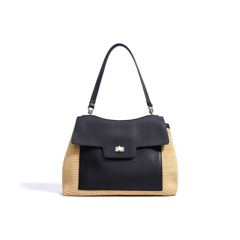 COURONNE Leather With PP Raffia Shoulder Bag Women's Gentleman Black/Bright Moon White/Caramel Brown-14