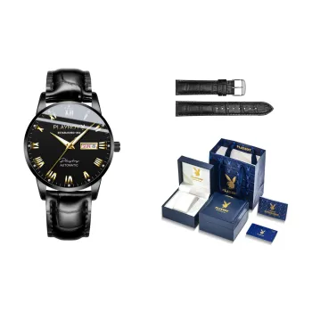 Playboy, Extra Thin Collection Mechanical Movement PU Strap Watch Men's Watches Black Dial