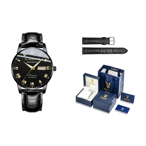Playboy, Extra Thin Collection Mechanical Movement PU Strap Watch Men's Watches Black Dial