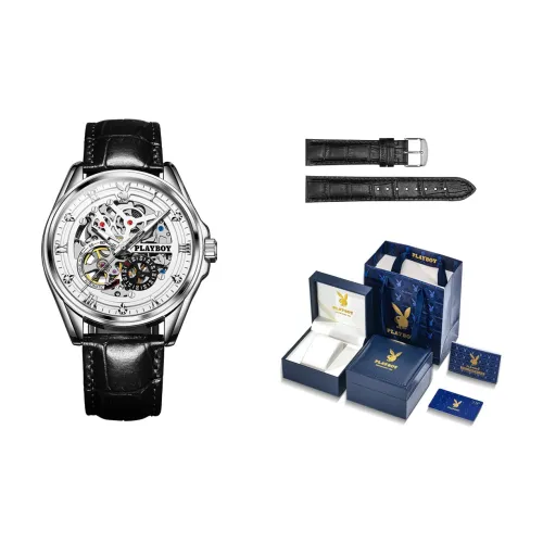 Playboy, Explorer Collection Mechanical Movement Leather Strap Watch Men's Watches White Dial