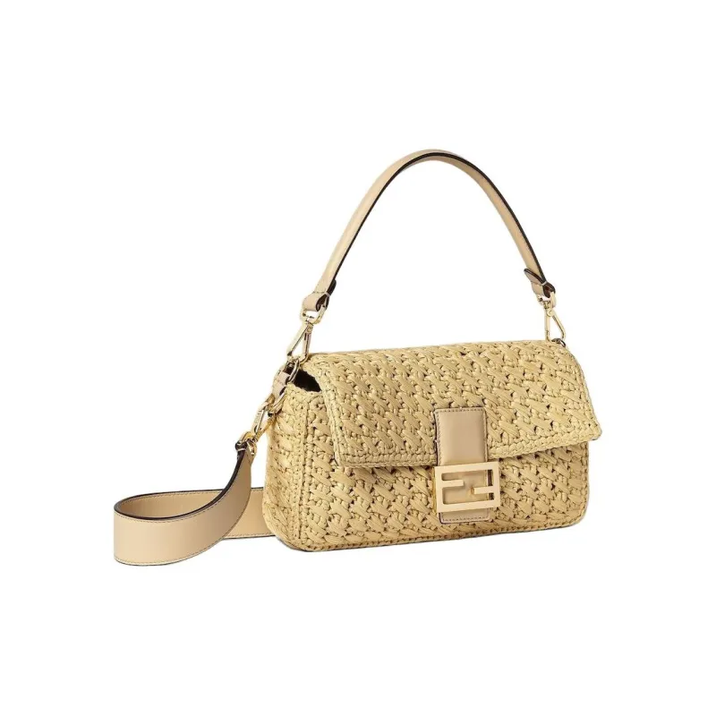 FENDI Baguette Viscose With Calfskin Baguette Bag, Shoulder Bag, Crossbody Bag, Handbag Medium Size Women's Ecru-1