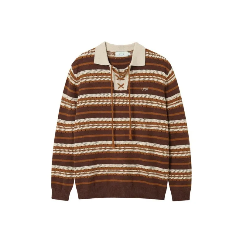 WULISHAONIAN American Vintage Stripes Polo Lace Up Sweater Unisex-1