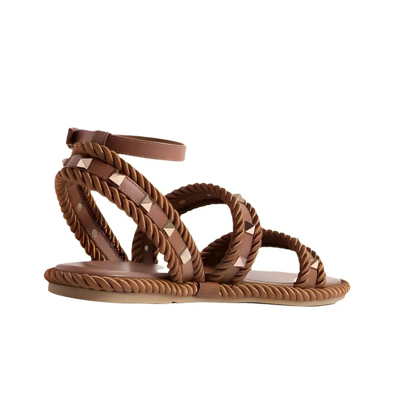Valentino Rockstud Torchon Strap Sandals Women's Brown-3