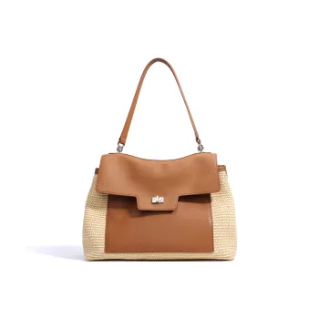 COURONNE Leather With PP Raffia Shoulder Bag Women's Gentleman Black/Bright Moon White/Caramel Brown