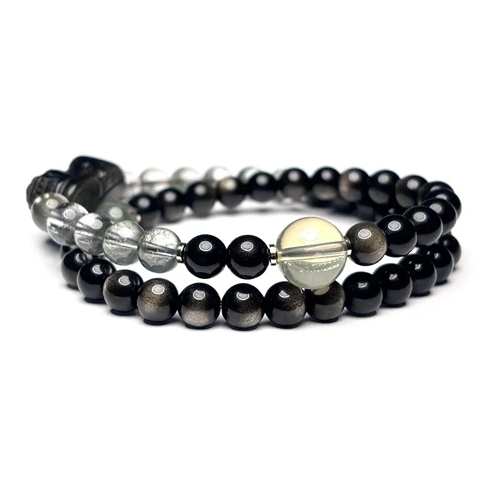 MOUNTAINS AND MANS Natural Obsidian New Chinese Style Stackable Good Luck Beaded Bracelet Unisex-1