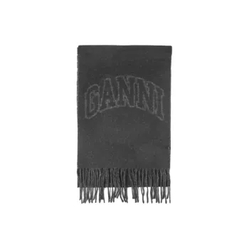 GANNI Slogan Motif Knit Fringed Scarf