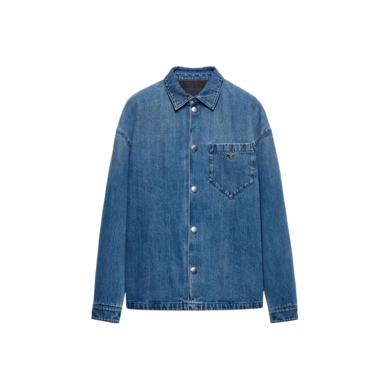 PRADA Buttoned Logo Plaque Denim Shirt-0